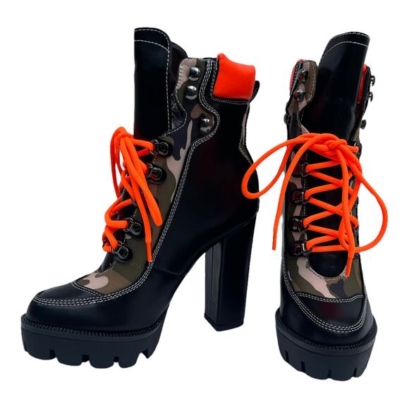 Azalea Wang Camouflage Black Lace Up Block Heeled Platform Boots Size 8 New - Picture 5 of 7